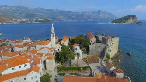 Aerial View Of Budva Old Town Beach and St. Nicholas island, Montenegro 1 Stock Footage 88031350