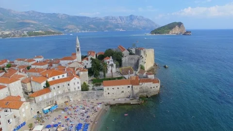 Aerial View Of Budva Old Town Beach and St. Nicholas island, Montenegro 2 Video stock 88031489