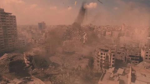 Aerial view of building collapsed after Israel's attack on Gaza Stock Footage 253876108