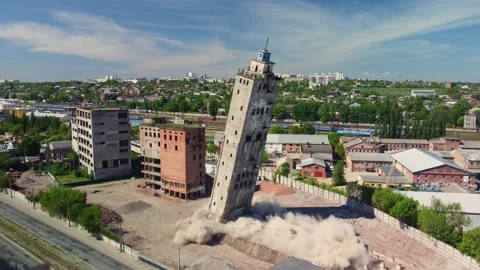 Aerial view of building demolition by explosion. 스톡 동영상 154237924