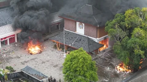 Aerial View of Building Fire During Protest Unrest Stock Footage 335667598
