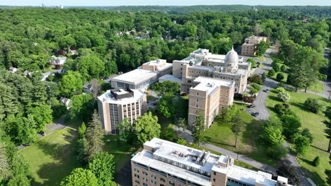 Aerial View of Building Surrounded by Forests Afternoon Stock Footage 242807381