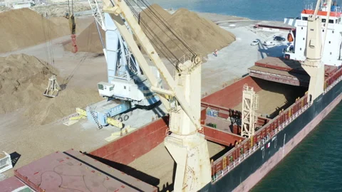 Aerial view of bulk-carrier docked in the port of Alicante Stock Footage 168651891
