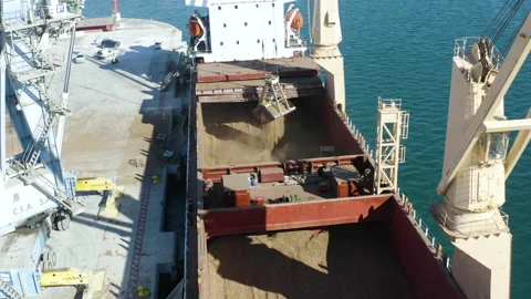 Aerial view of bulk-carrier docked in the port of Alicante Stock Footage 168652361