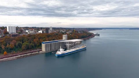 Aerial view of a bulk carrier ship docked at an industrial port in Tacoma. Stock Footage 344349862