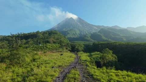 Aerial view of Bunker Kaliadem Merapi and Mount Merapi, Indonesia. Stock Footage 334913118