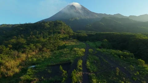 Aerial view of Bunker Kaliadem Merapi and Mount Merapi in Indonesia. Stock Footage 334913993
