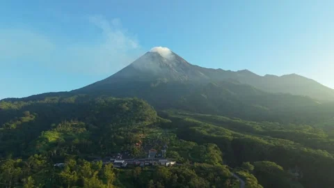 Aerial view of Bunker Kaliadem Merapi and Mount Merapi, Indonesia. Stock Footage 334914032