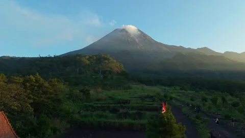 Aerial view of Bunker Kaliadem Merapi and joglo house, Indonesia. Stock Footage 334914399