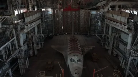 Aerial view of Buran space shuttle at Baikonur Cosmodrome, Kazakhstan. Stock Footage 346415926
