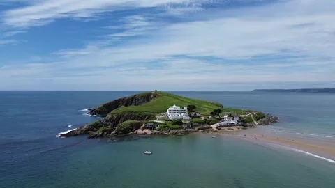 Aerial View of Burgh Island at High Tide on a sunny day, South Devon, England Video stock 346005975