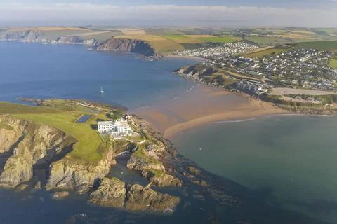 Aerial view of Burgh Island Hotel at Bigbury in the South Hams of Devon, Stock Photos