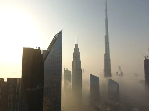 Aerial view of Burj Khalifa downtown Dubai at sunrise. Stock Footage 71425261