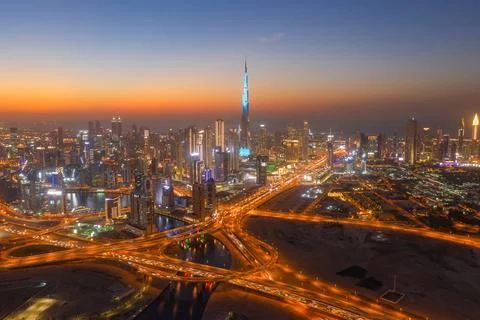 Aerial view of Burj Khalifa in Dubai Downtown skyline and highway, United A.. Stock Photos
