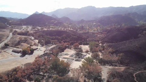 Aerial view of burned Paramount Ranch after the California Woosley wildfire Stock Footage 107099827