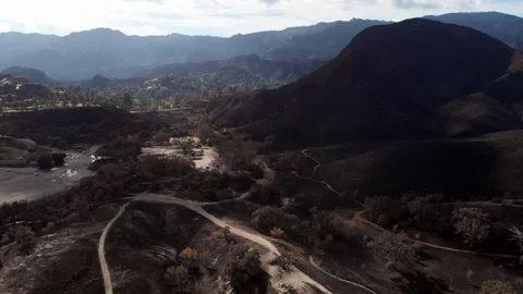 Aerial view of burned Paramount Ranch after the California Woosley wildfire Stock Footage 107107286