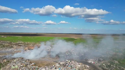 Aerial view of burning garbage dump pollution, cows grazing near landfill Stock Footage 289728651