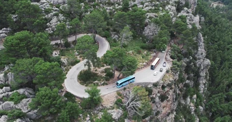 Aerial View Bus Traffic Sa Calobra Winding Mountain Road Mallorca Spain Stock Footage 333647511