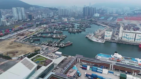 Aerial view of busan port and fishing harbor in south korea Видео 341908673