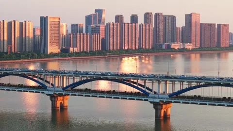 Aerial view of a bustling bridge with traffic and a vibrant city skyline during Stock Footage 311557937