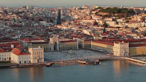 Aerial view of bustling Praca do Comercio in Lisbon with stunning waterfront and Stock Footage 301630455