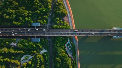 Aerial view of a busy bridge surrounded by lush greenery with traffic flowing Stock Footage 311012908