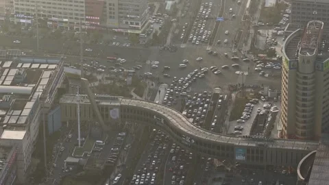 Aerial view busy city intersection, heavy car traffic jam. Urban road junction. Vidéo 333829307