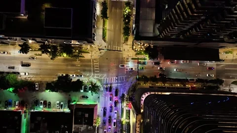 Aerial view of a busy city intersection at night, United States. Stock Footage 339610565
