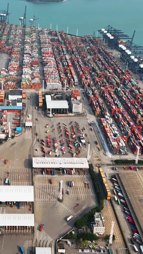 Aerial View of Busy Container Port in Shenzhen, China Видео 331566596