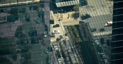 Aerial view of a busy intersection between glass skyscrapers in Toronto, Canada Stock Footage 278181188