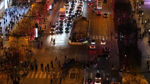 Aerial view of busy intersection at night. Paris, France. Stock Footage 132132170