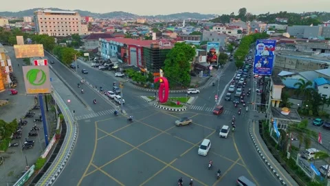 Aerial view of busy intersection in Samarinda, Indonesia. Stockbeeldmateriaal 340866709
