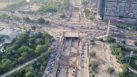 Aerial View of Busy Road Intersection Stockbeeldmateriaal 340879817