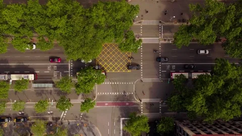 Aerial view of a busy street intersection in Barcelona, Spain. Stock Footage 345076230