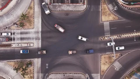 Aerial View of Busy Urban Intersection with Underpass and Traffic Flow Stockbeeldmateriaal 341420678