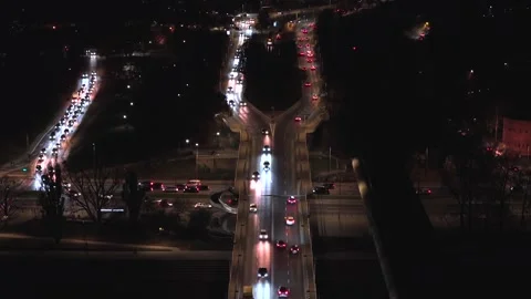 Aerial View of Buzzing Night Traffic in Warsaw, Poland, Car and Buildings Vídeo Stock 295174451