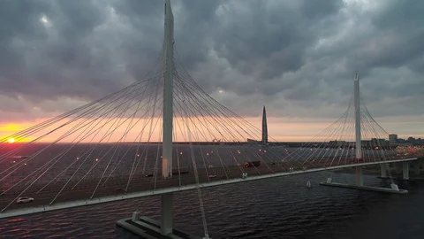 Aerial view cable bridge road traffic and lakhta center in Saint-Petersburg Stock Footage 127533921