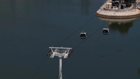 Aerial View of Cable car Gondolas Over Water in Parque das Nações Lisbon – Stock Footage 340301414