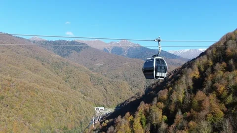 Aerial view of Cable - lift. Funicular Olympia. Rosa Khutor, Sochi, Russia Stock Footage 314693974