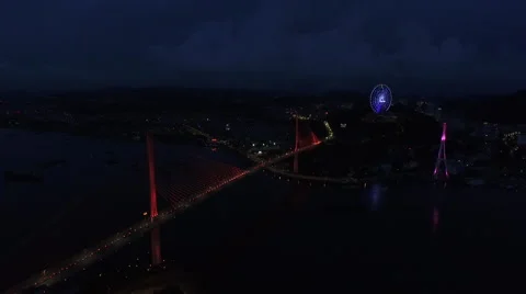 Aerial view  cable-stayed bridge at night 1 Stockbeeldmateriaal 65117958