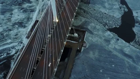 Aerial View: Cable-stayed bridge as a part of new highway, St.Petersburg, Russia Stock Footage 71105169