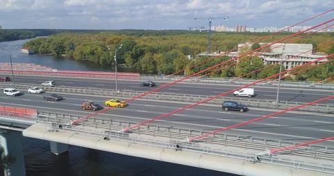An aerial view of a cable-stayed bridge on a sunny day Stock Footage 122430146
