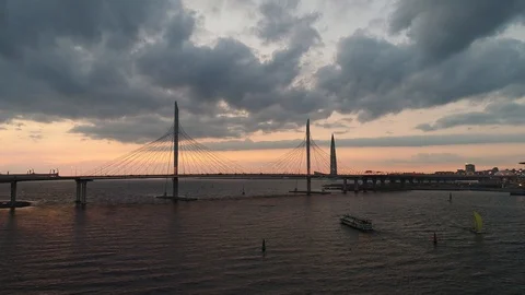 Aerial view cable stayed bridge in Saint-Petersburg, evening Stock Footage 127539464