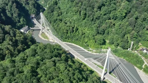 Aerial view of cable-stayed bridge and a new highway from Sochi to Krasnaya Vidéo 145705240