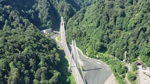 Aerial view of cable-stayed bridge and a new highway from Sochi to Krasnaya Vidéo 145705271