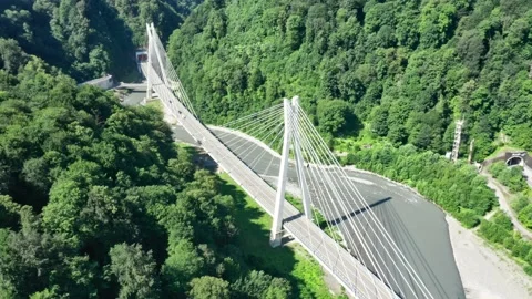 Aerial view of cable-stayed bridge and a new highway from Sochi to Krasnaya Vidéo 146437153