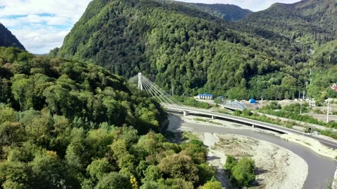 Aerial view of cable-stayed bridge and a new highway from Sochi to Krasnaya 库存影片 150305624