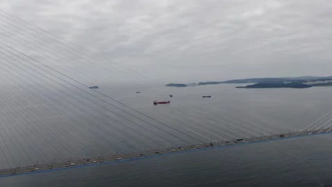 Aerial view of the cable-stayed bridge in Vladivostok, Russia. Stock Footage 314693966