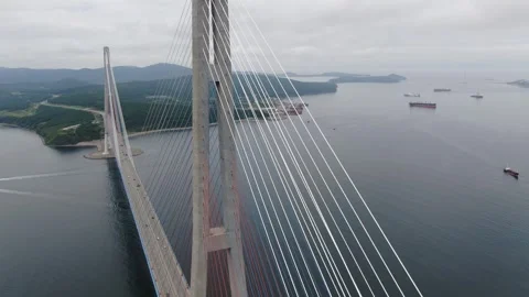 Aerial view of the cable-stayed bridge in Vladivostok, Russia. Stock Footage 314693968