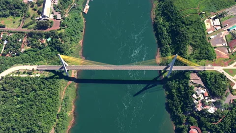 Aerial View Cable-Stayed Bridge Over Parana River Connecting Brazil, Argentina Video stock 333727504